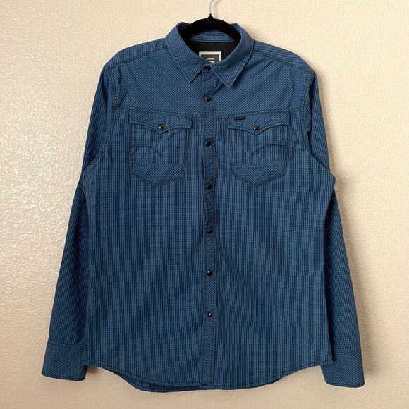 G Star Raw Shirt Mens Large Blue Check Western Yoke Cowboy Snap Button Preppy - Picture 3 of 11